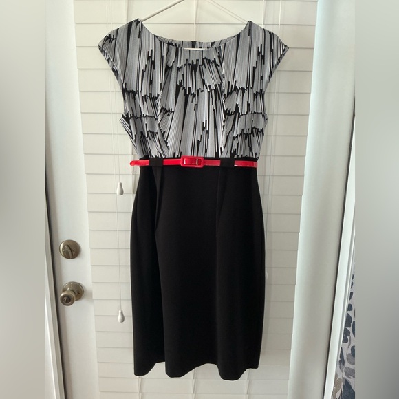 Connected Apparel Black and White Midi Dress with Red Belt Size 10 - Picture 1 of 7